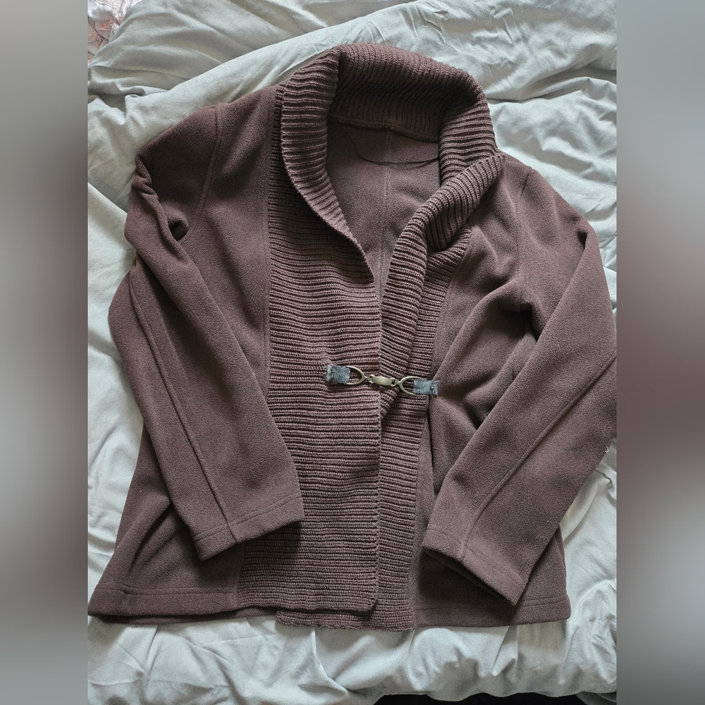 Brown Sherpa & Knit Cardigan With Metal Closure